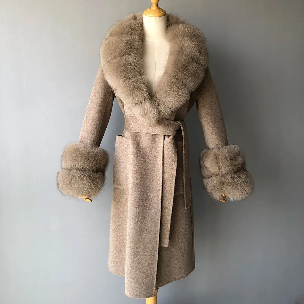 Women's Cashmere and Jasmine Wool Trench Coat with Fur Collar