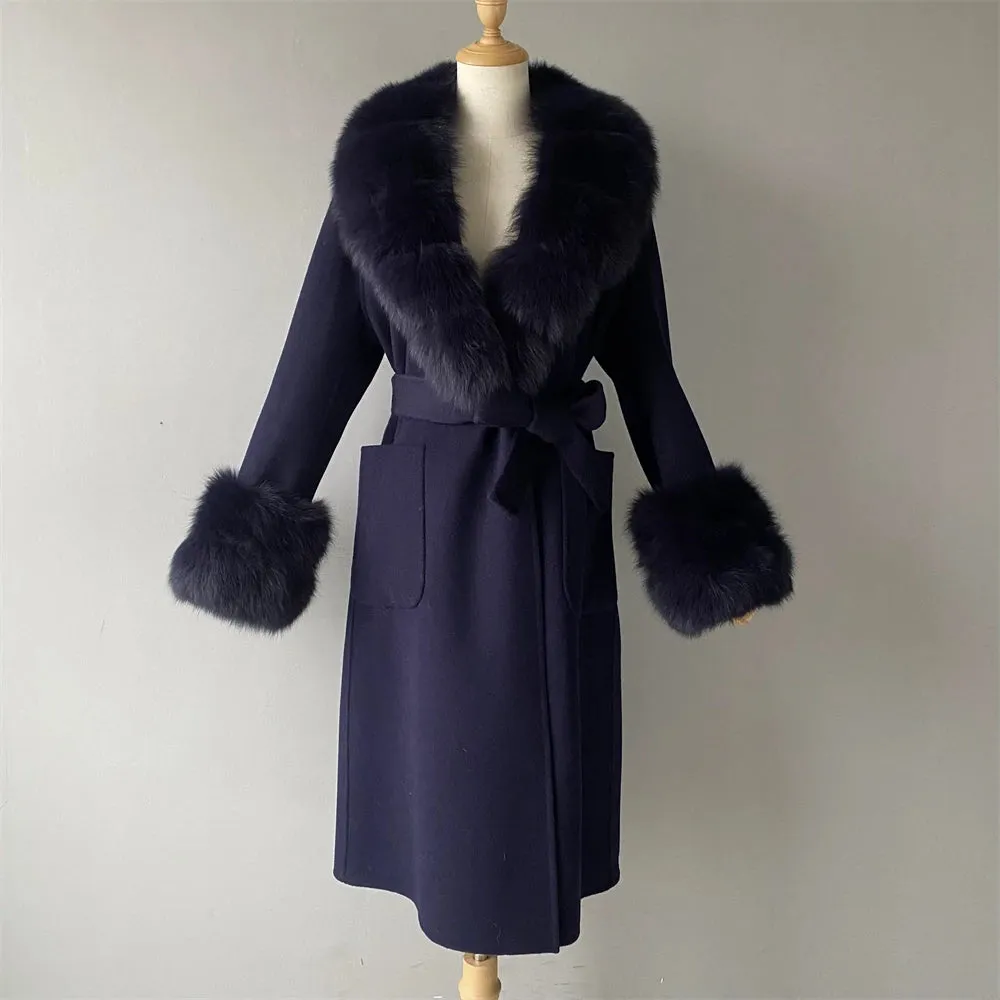 Women's Cashmere and Jasmine Wool Trench Coat with Fur Collar