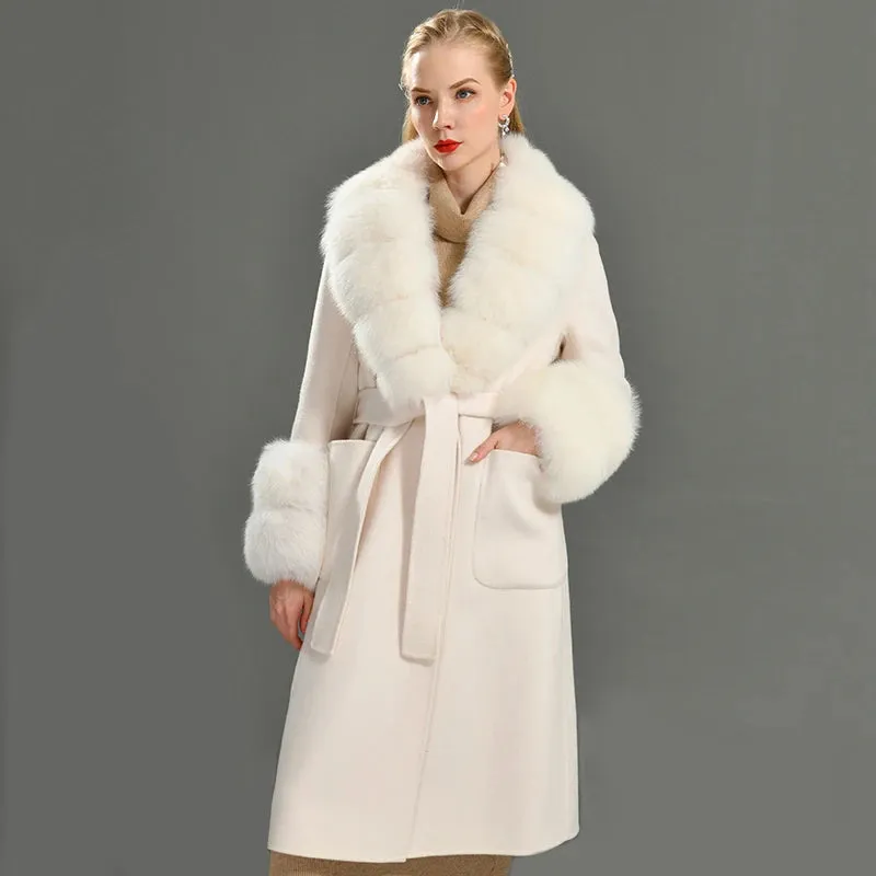 Women's Cashmere and Jasmine Wool Trench Coat with Fur Collar