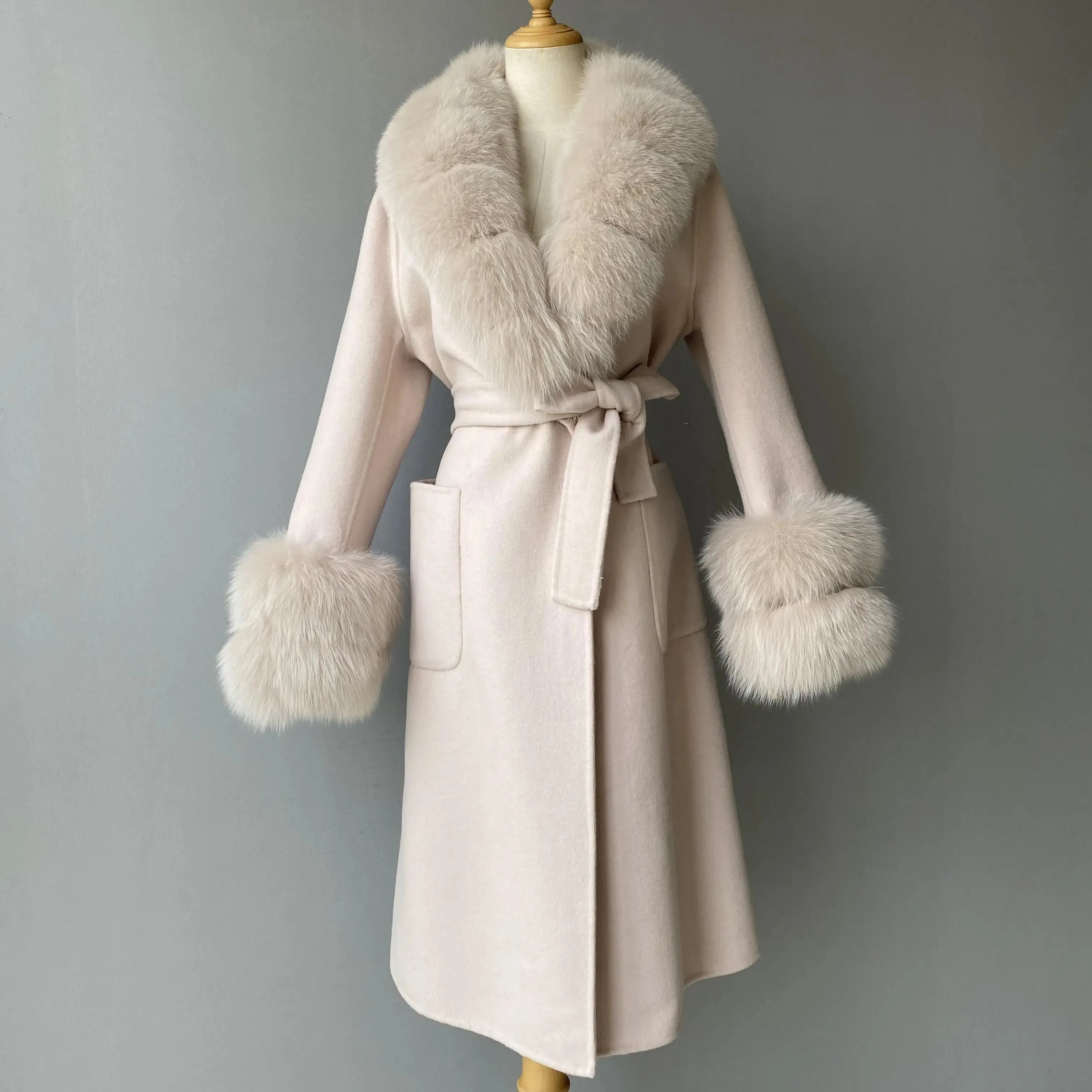 Women's Cashmere and Jasmine Wool Trench Coat with Fur Collar