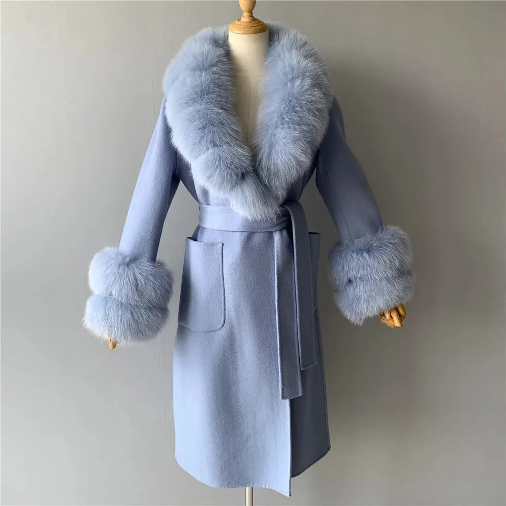 Women's Cashmere and Jasmine Wool Trench Coat with Fur Collar