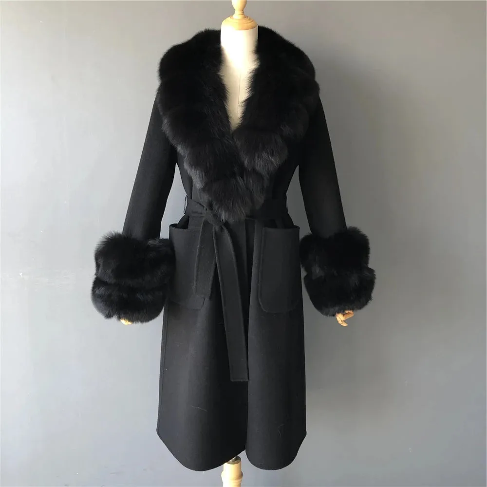 Women's Cashmere and Jasmine Wool Trench Coat with Fur Collar