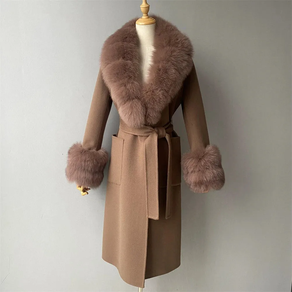 Women's Cashmere and Jasmine Wool Trench Coat with Fur Collar