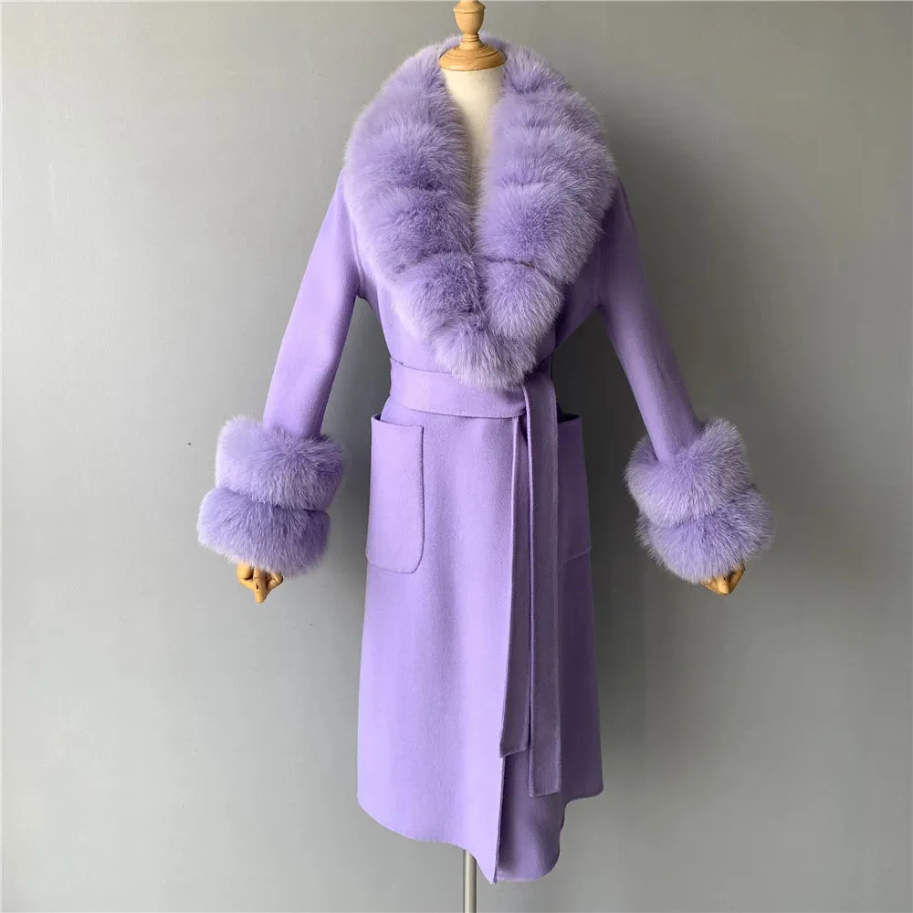 Women's Cashmere and Jasmine Wool Trench Coat with Fur Collar