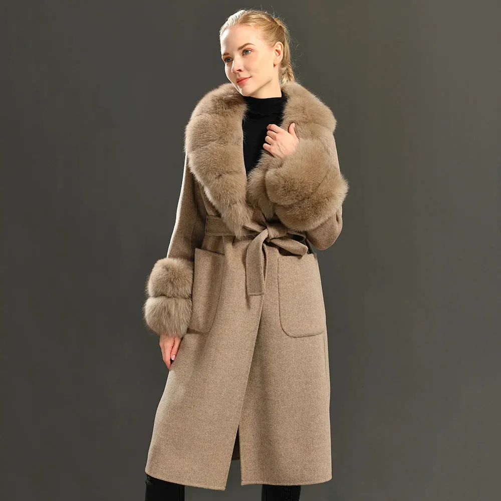 Women's Cashmere and Jasmine Wool Trench Coat with Fur Collar