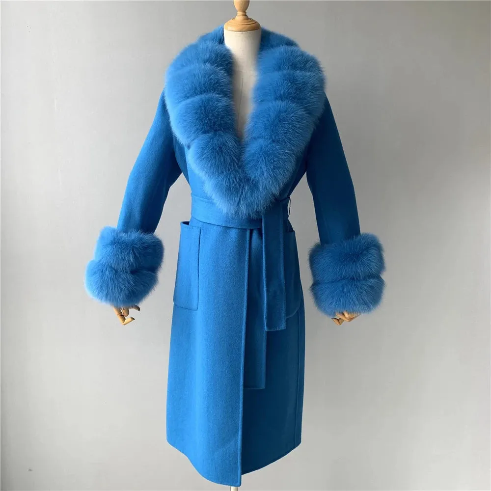 Women's Cashmere and Jasmine Wool Trench Coat with Fur Collar