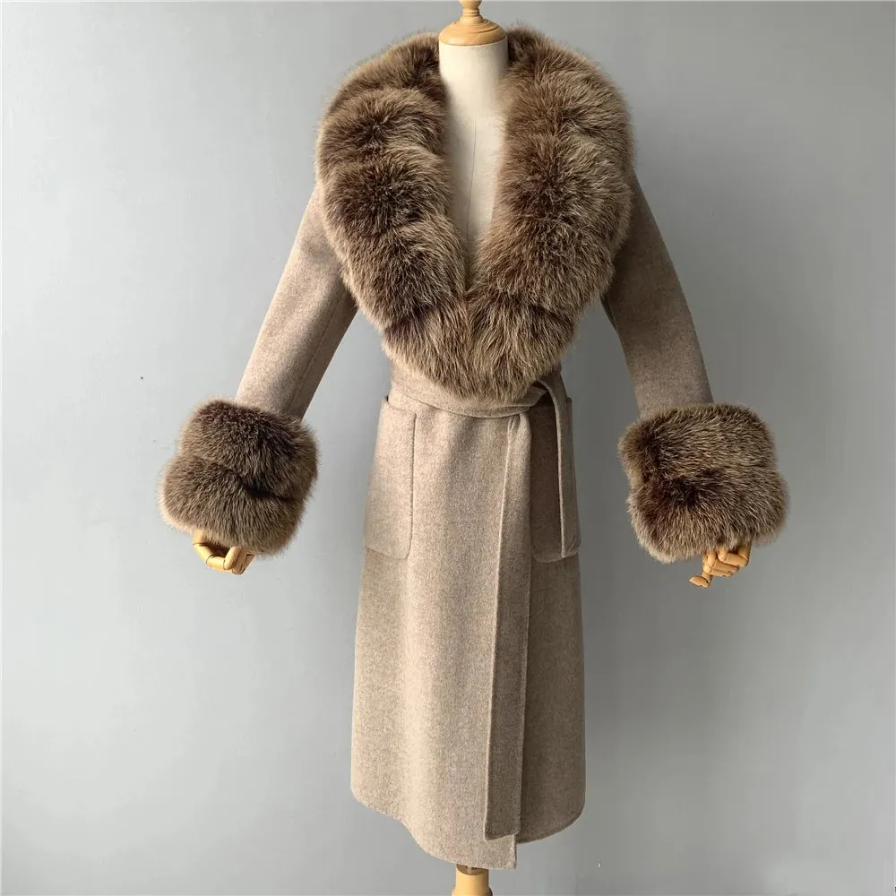 Women's Cashmere and Jasmine Wool Trench Coat with Fur Collar