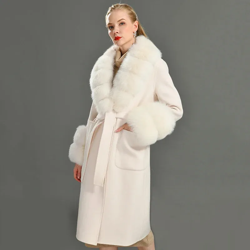 Women's Cashmere and Jasmine Wool Trench Coat with Fur Collar