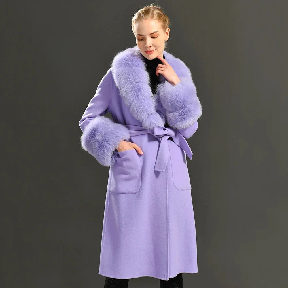 Women's Cashmere and Jasmine Wool Trench Coat with Fur Collar