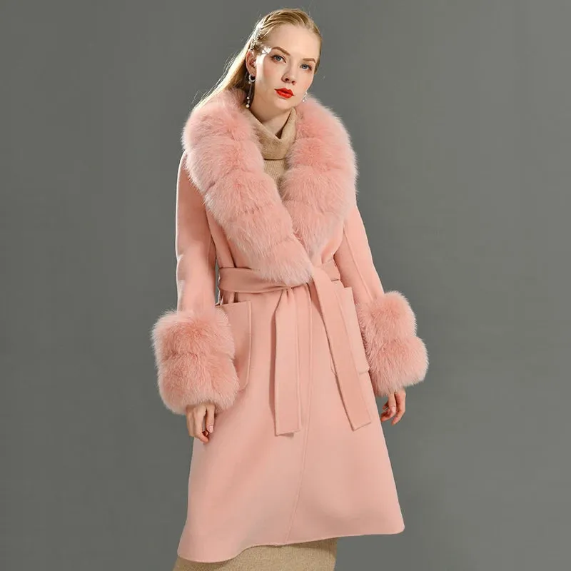 Women's Cashmere and Jasmine Wool Trench Coat with Fur Collar