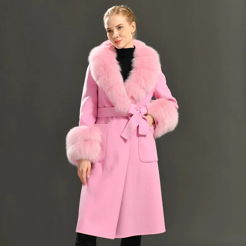 Women's Cashmere and Jasmine Wool Trench Coat with Fur Collar