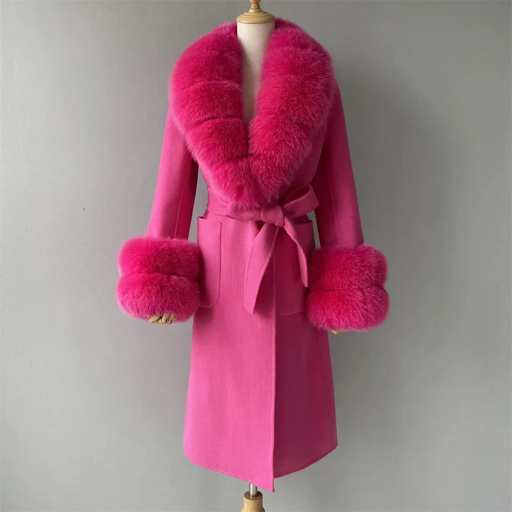 Women's Cashmere and Jasmine Wool Trench Coat with Fur Collar