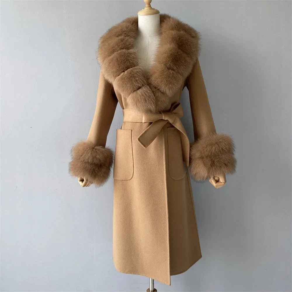 Women's Cashmere and Jasmine Wool Trench Coat with Fur Collar