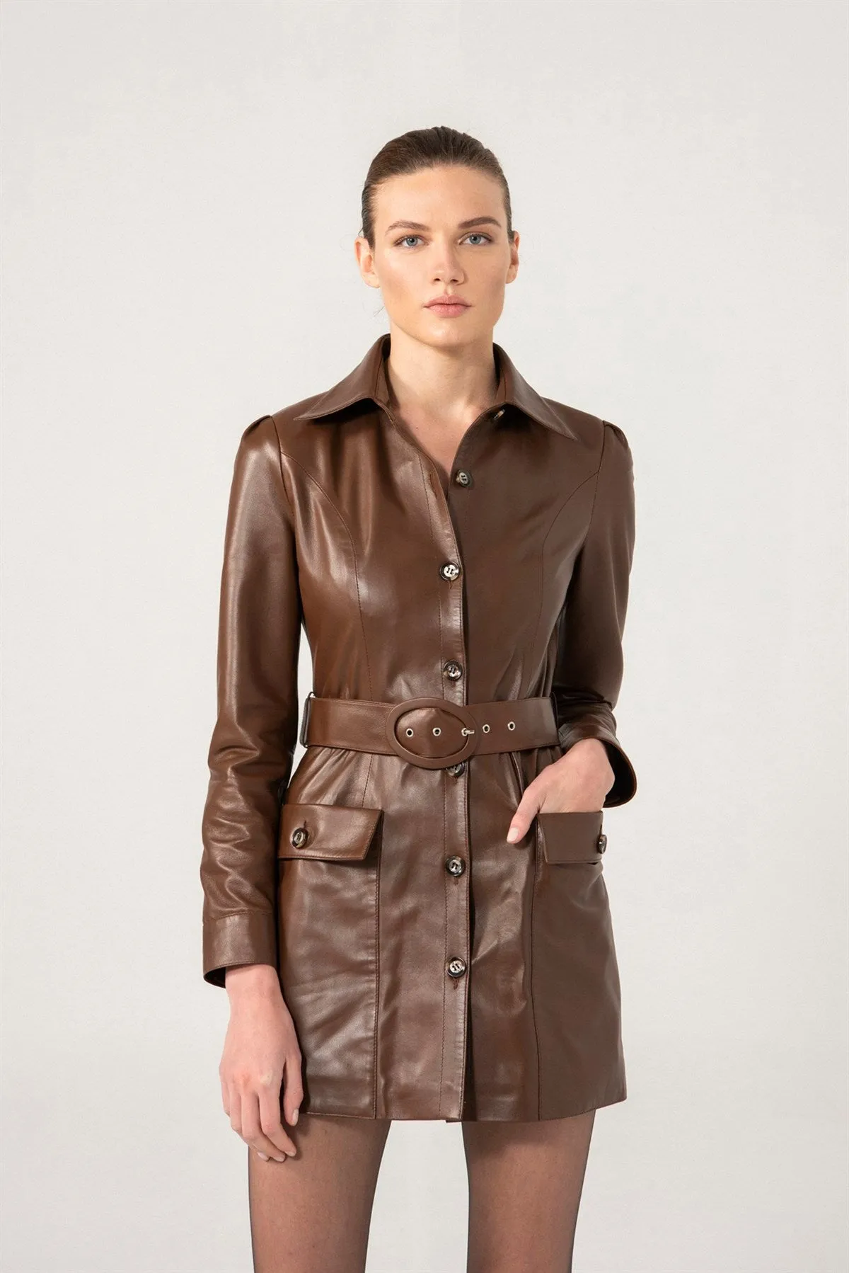 Women’s Chocolate Brown Sheepskin Leather Trucker Trench Coat