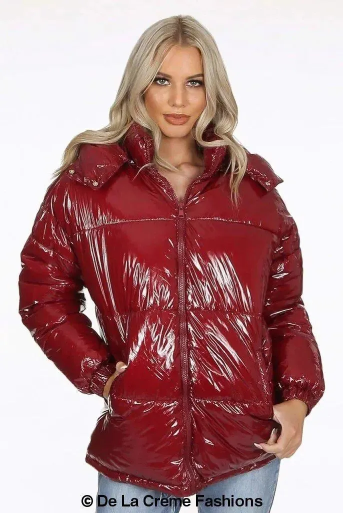 Womens High Shine Funnel Neck Quilted Puffer Jacket