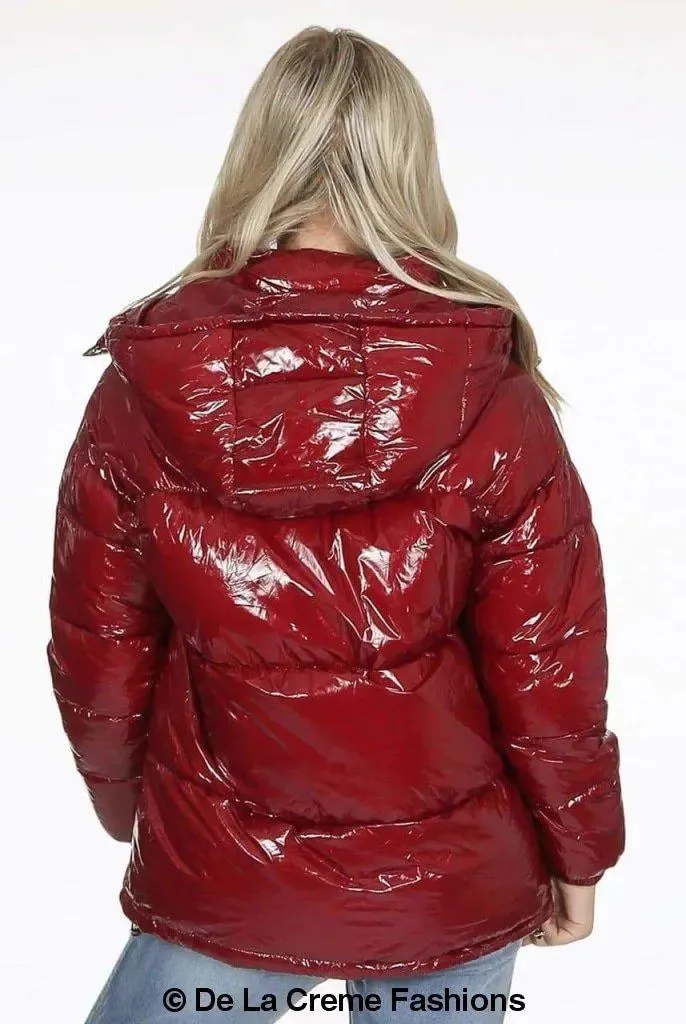 Womens High Shine Funnel Neck Quilted Puffer Jacket