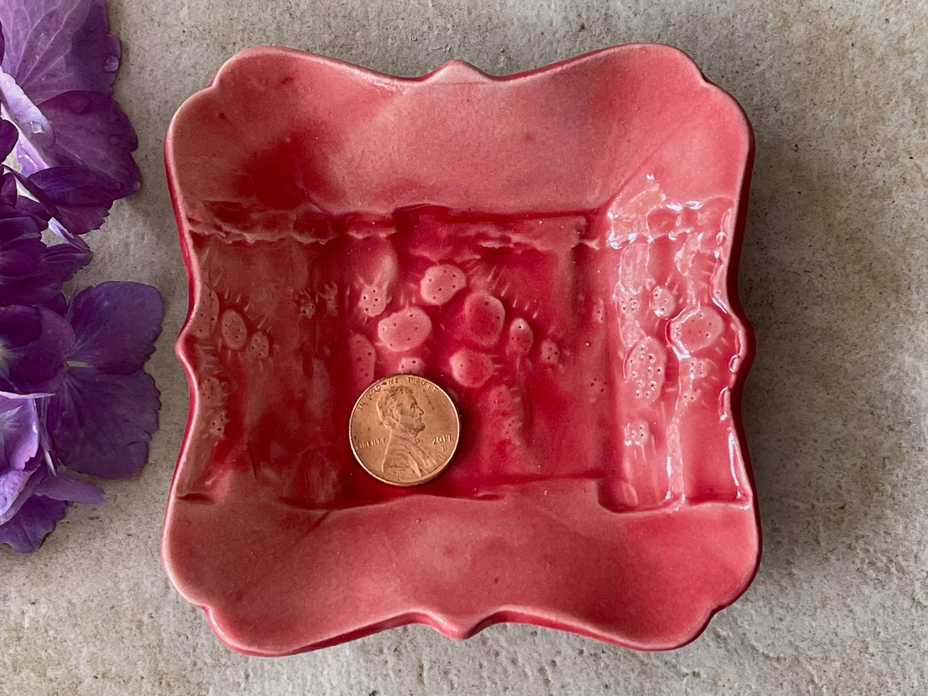 Womens Jewelry Storage, Red Ring Dish, Contemporary Trinket Tray, Porcelain Tray, Cactus Pattern