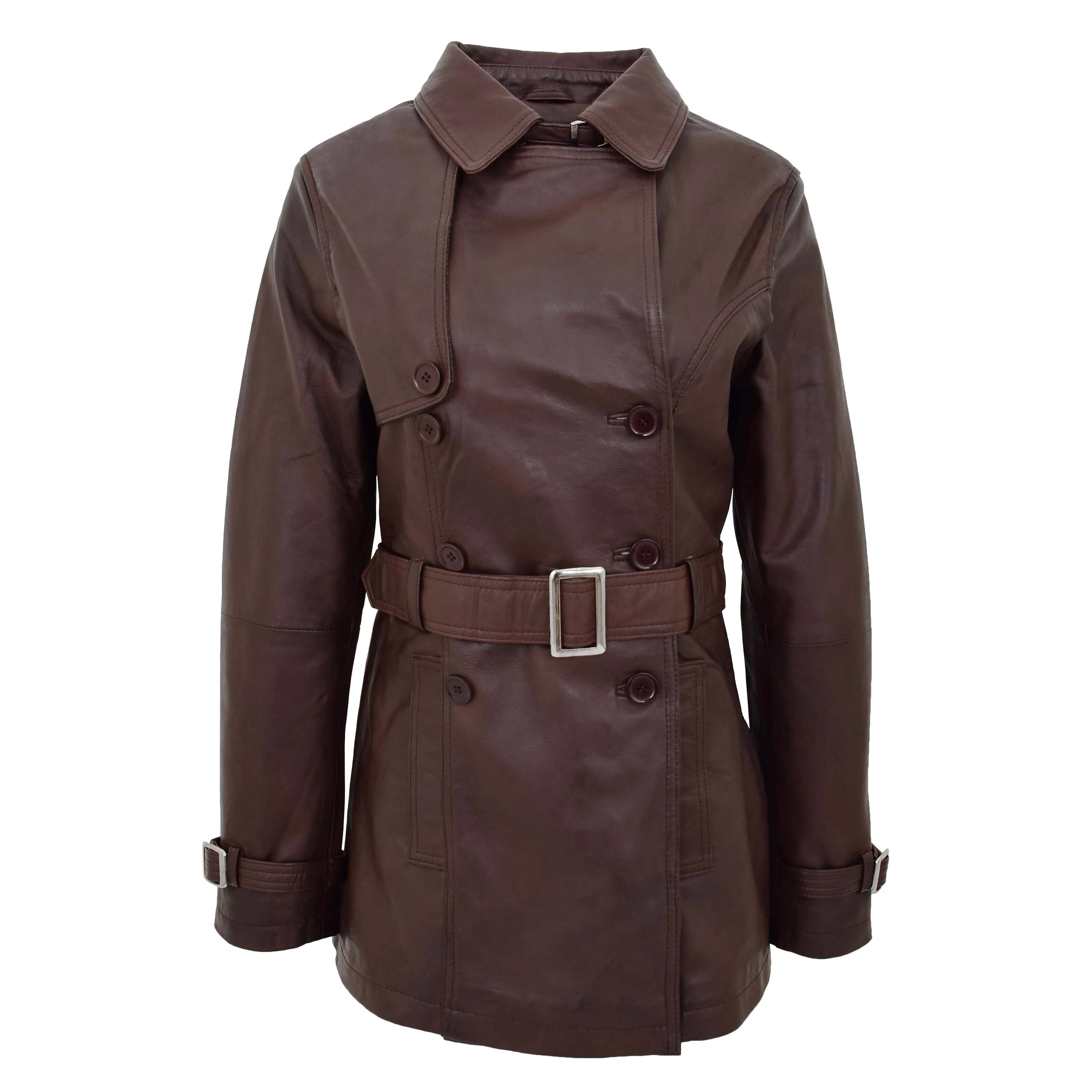 Womens Leather Double Breasted Trench Coat Sienna Brown