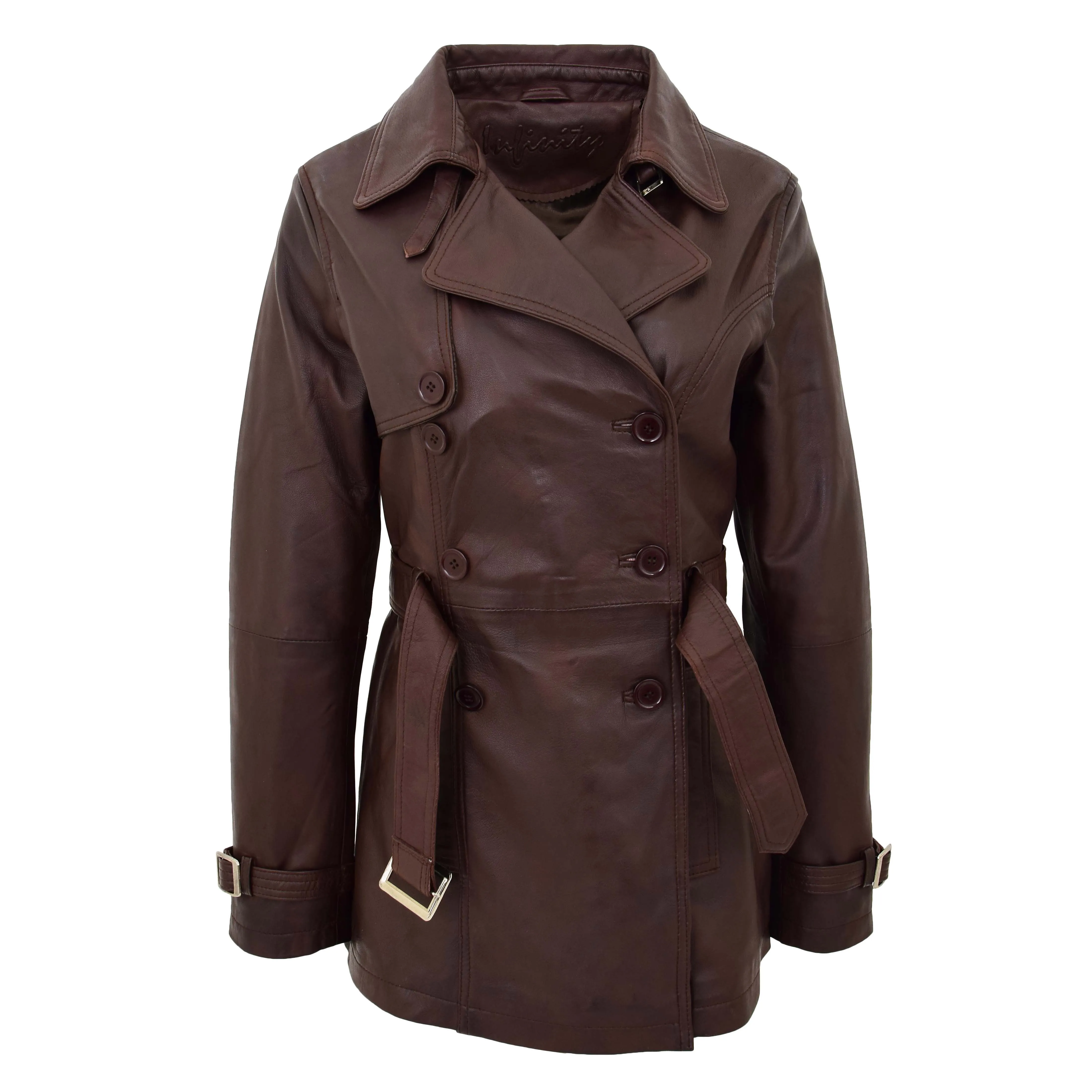 Womens Leather Double Breasted Trench Coat Sienna Brown