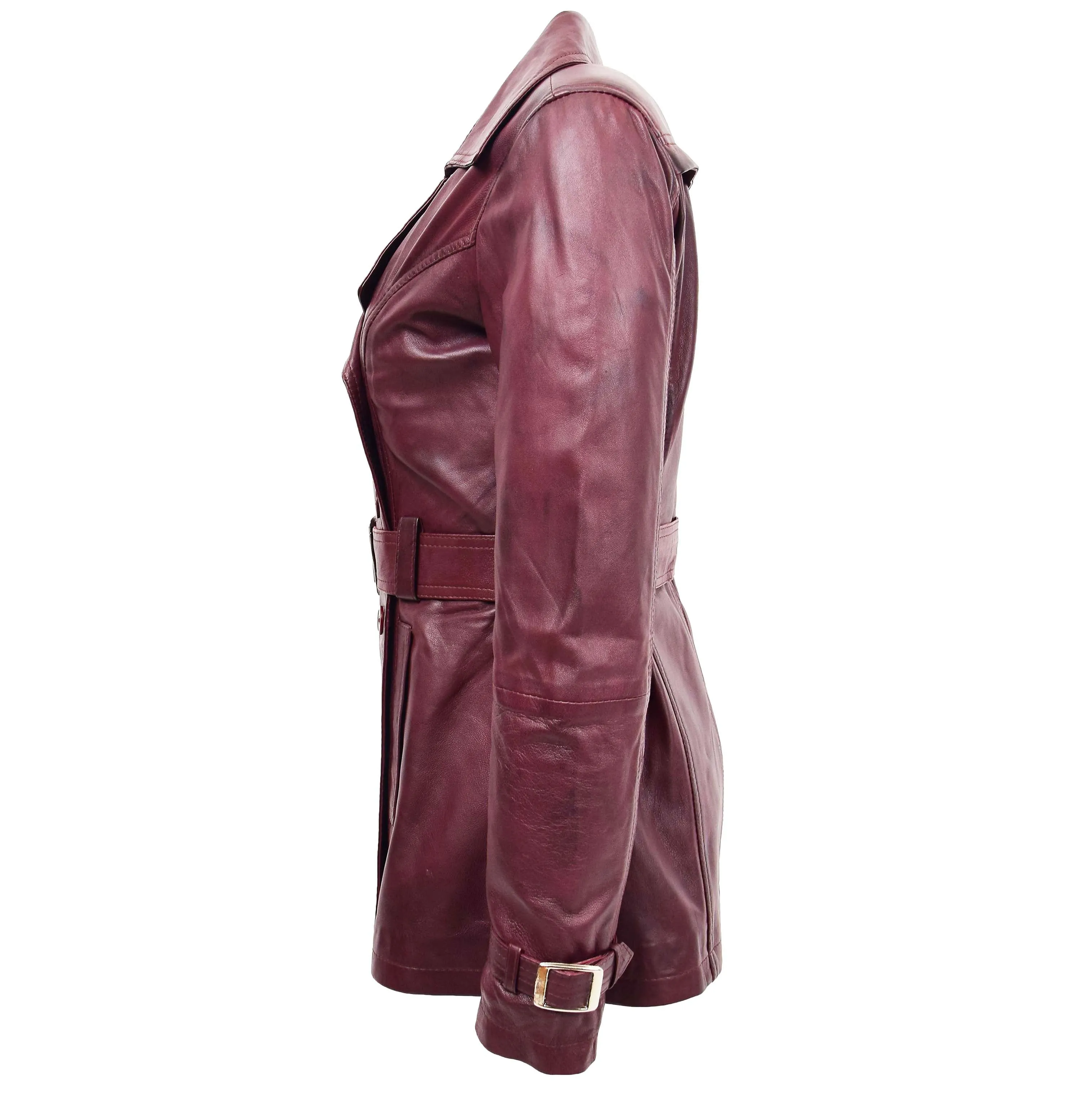 Womens Leather Double Breasted Trench Coat Sienna Burgundy