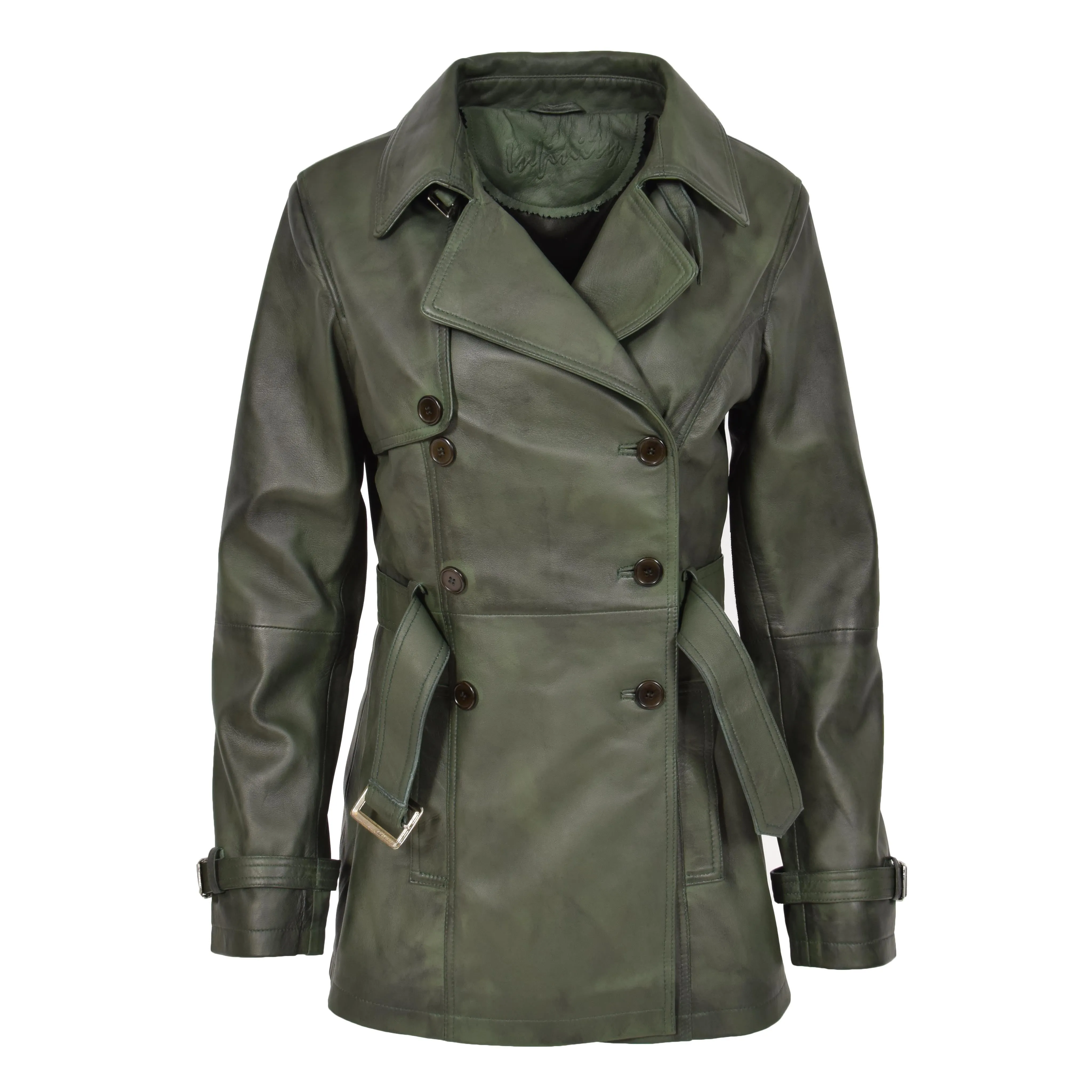 Womens Leather Double Breasted Trench Coat Sienna Green