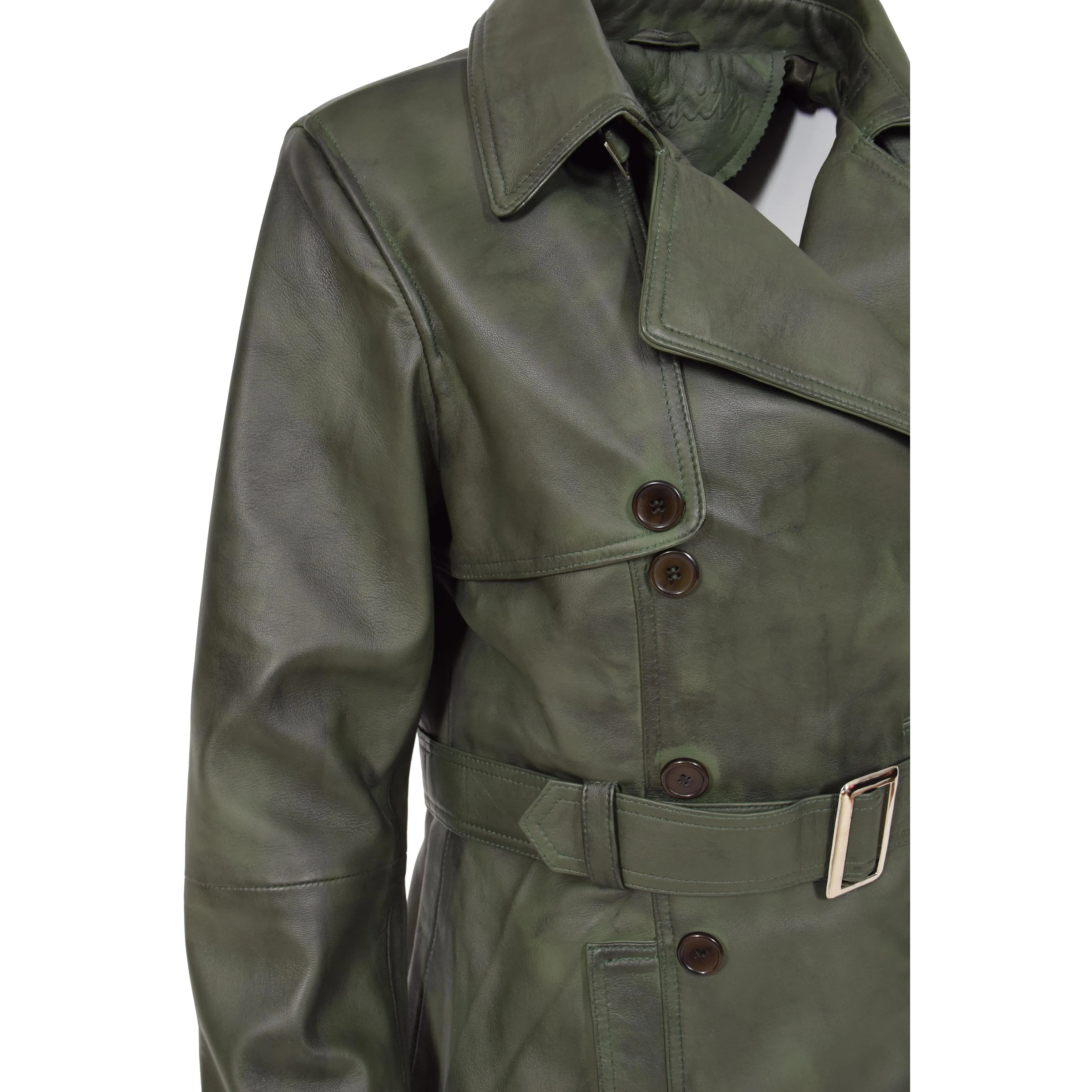 Womens Leather Double Breasted Trench Coat Sienna Green