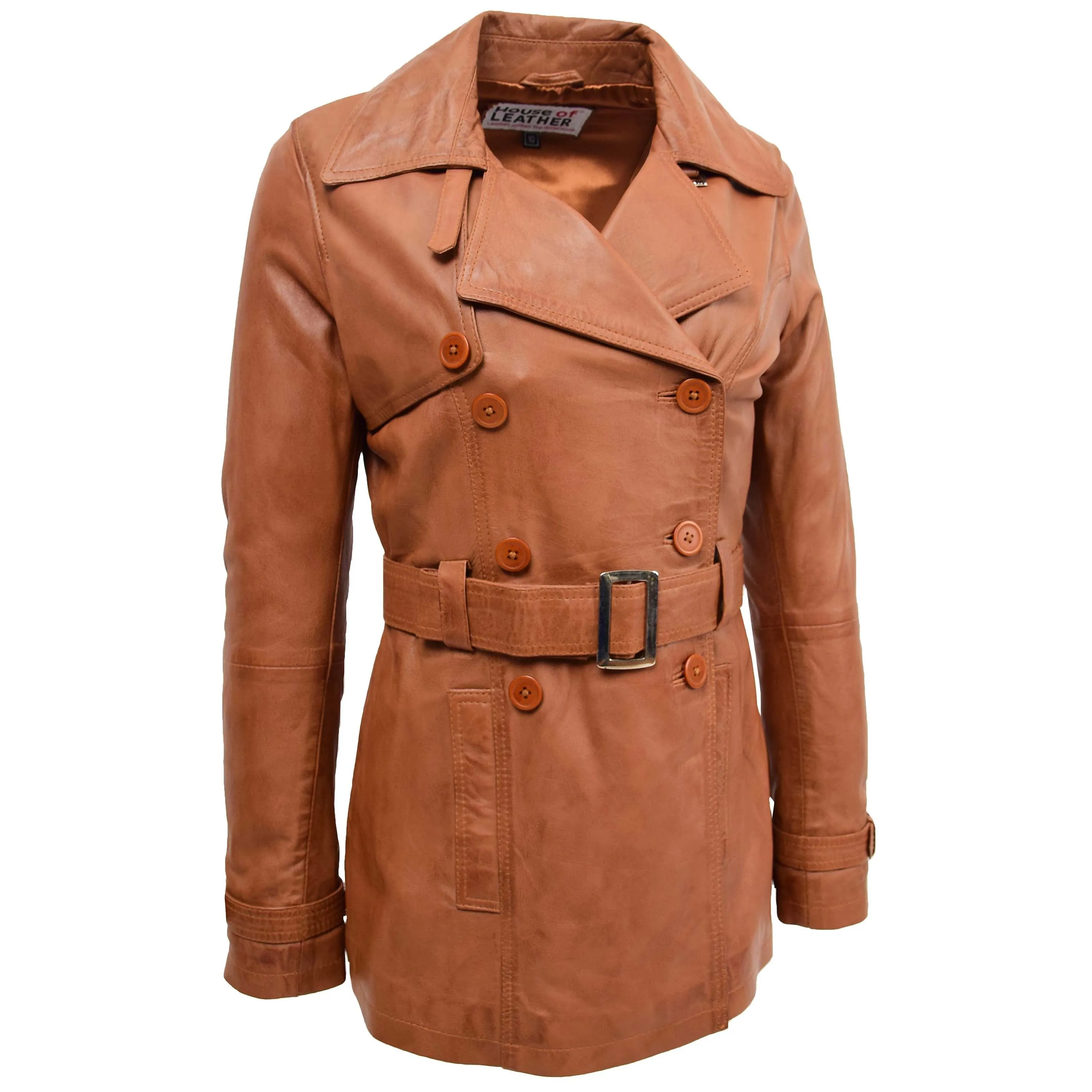 Womens Leather Double Breasted Trench Coat Sienna Tan