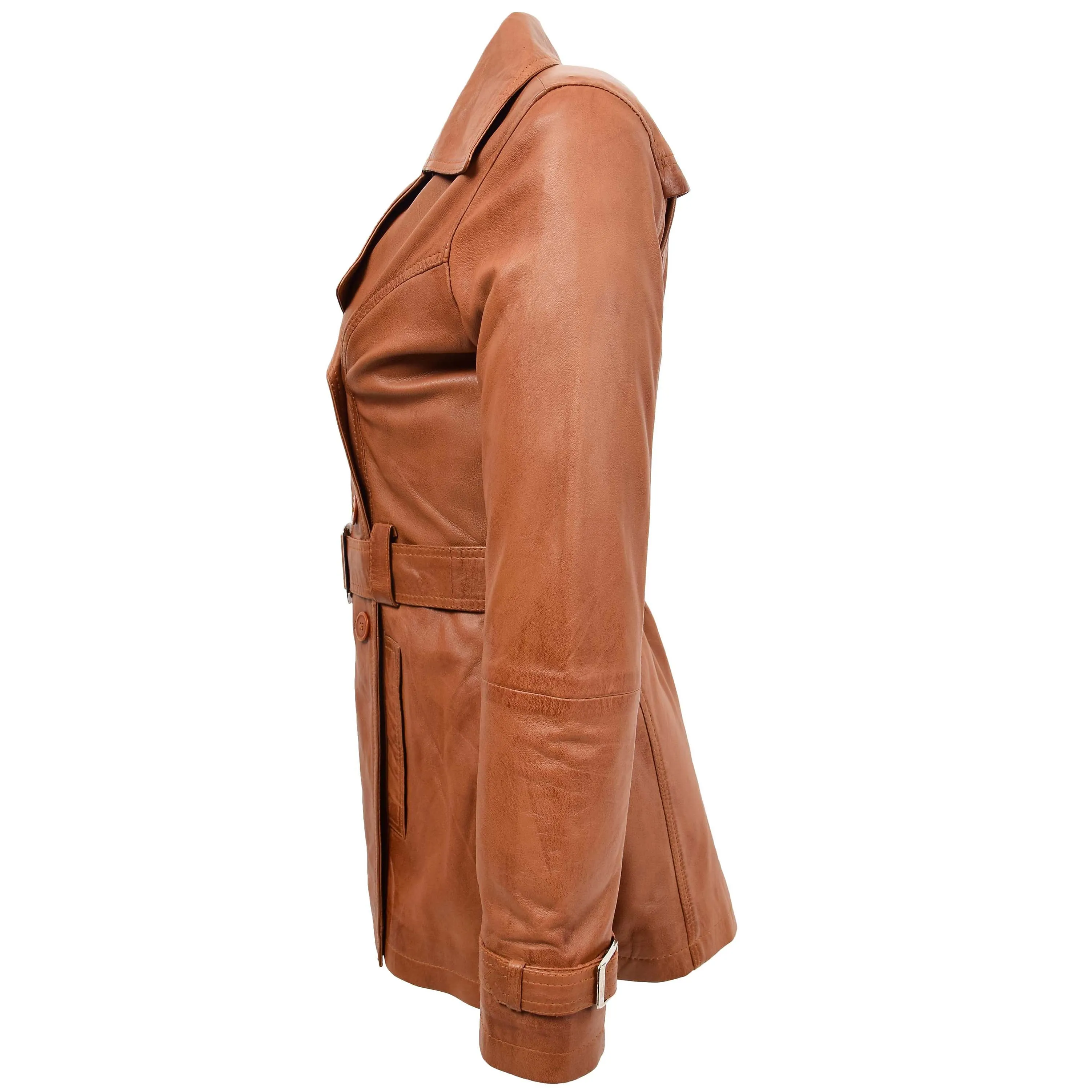 Womens Leather Double Breasted Trench Coat Sienna Tan