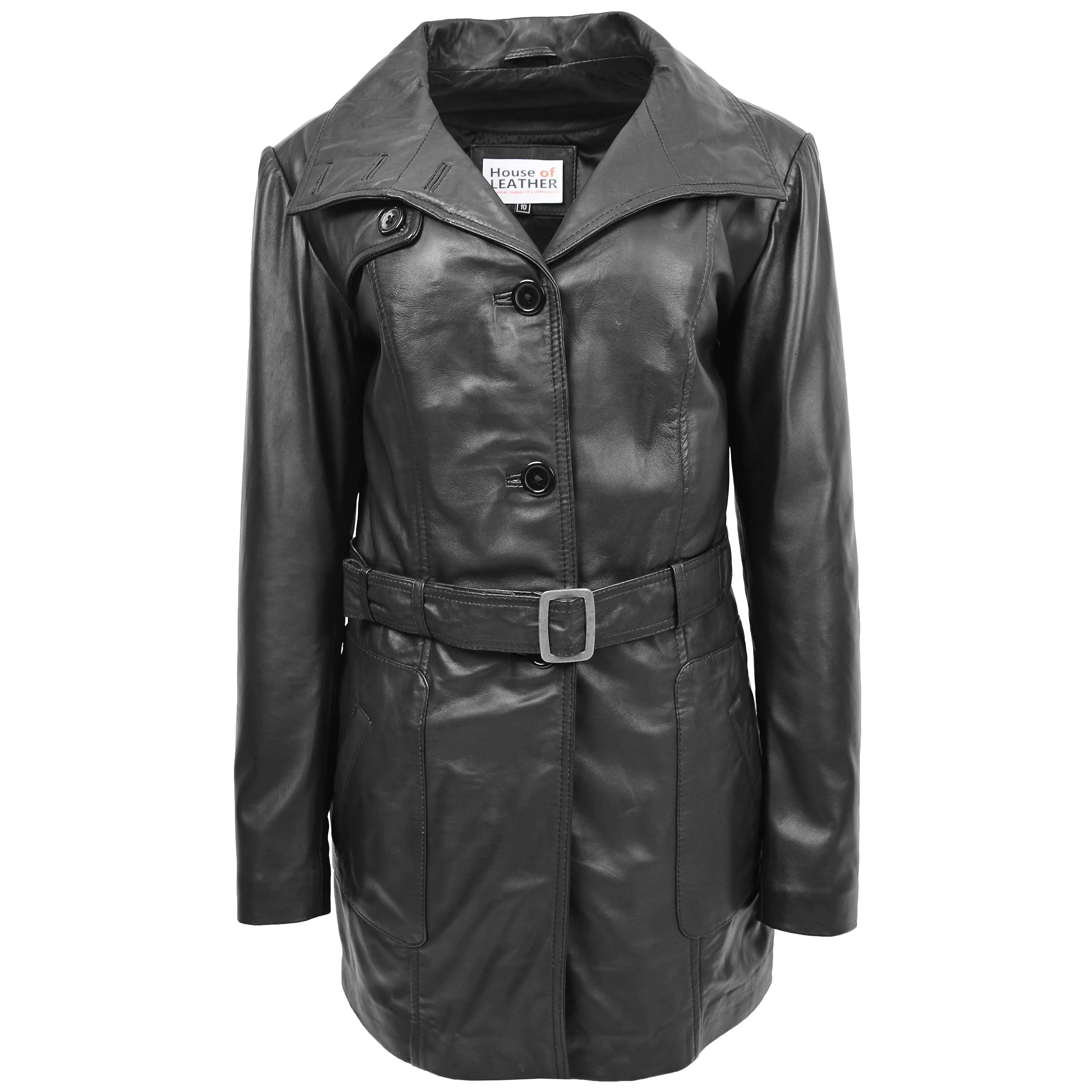 Womens Leather Trench Coat with Belt Shania Black