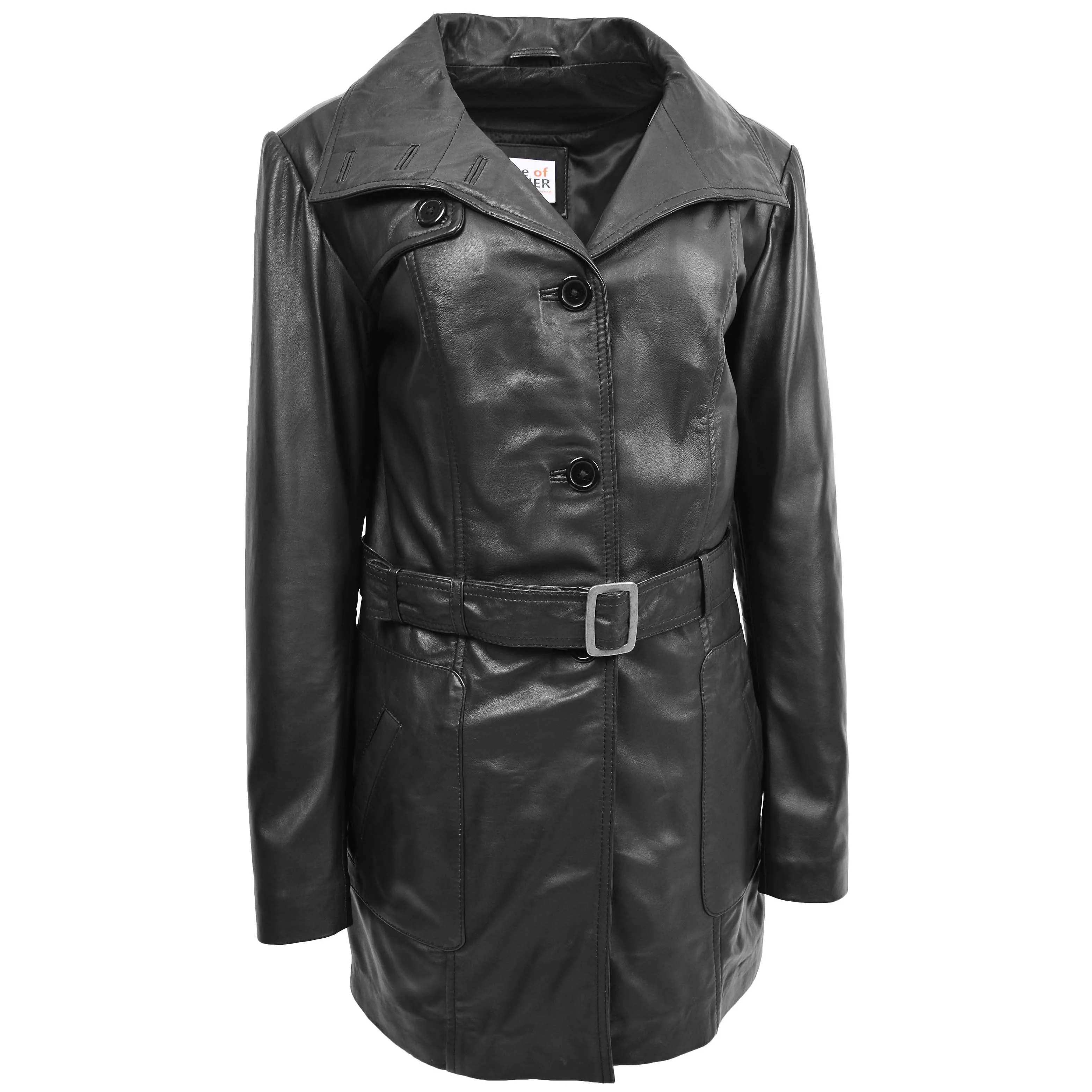 Womens Leather Trench Coat with Belt Shania Black