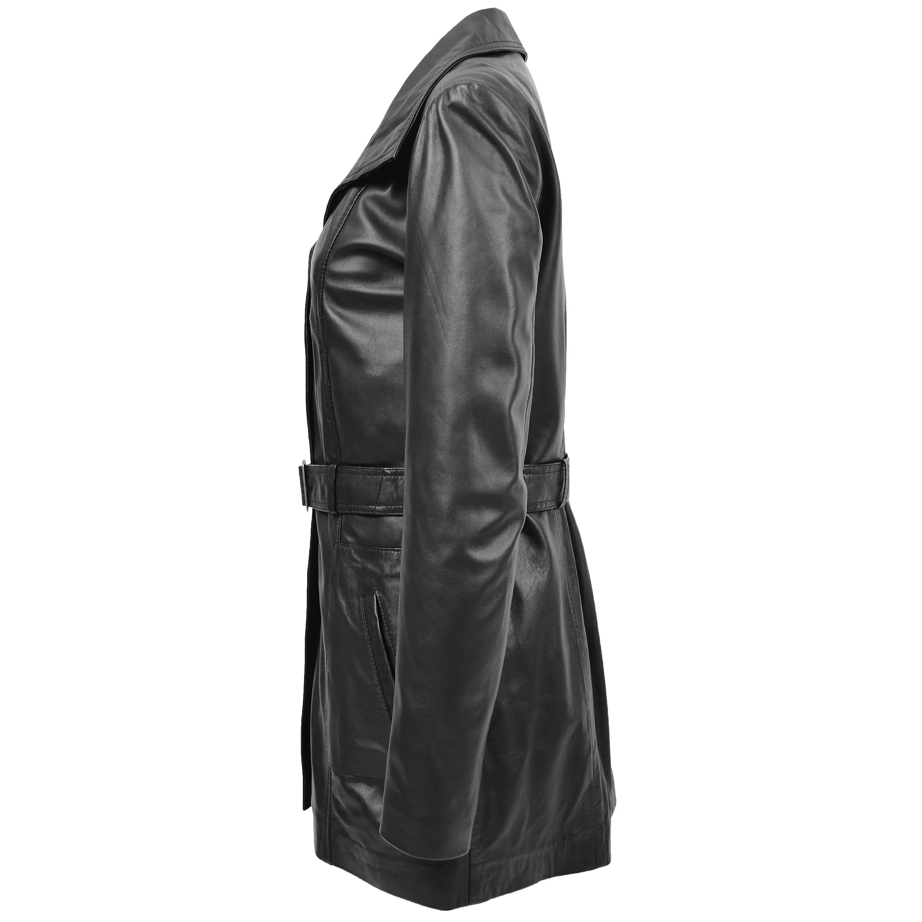 Womens Leather Trench Coat with Belt Shania Black