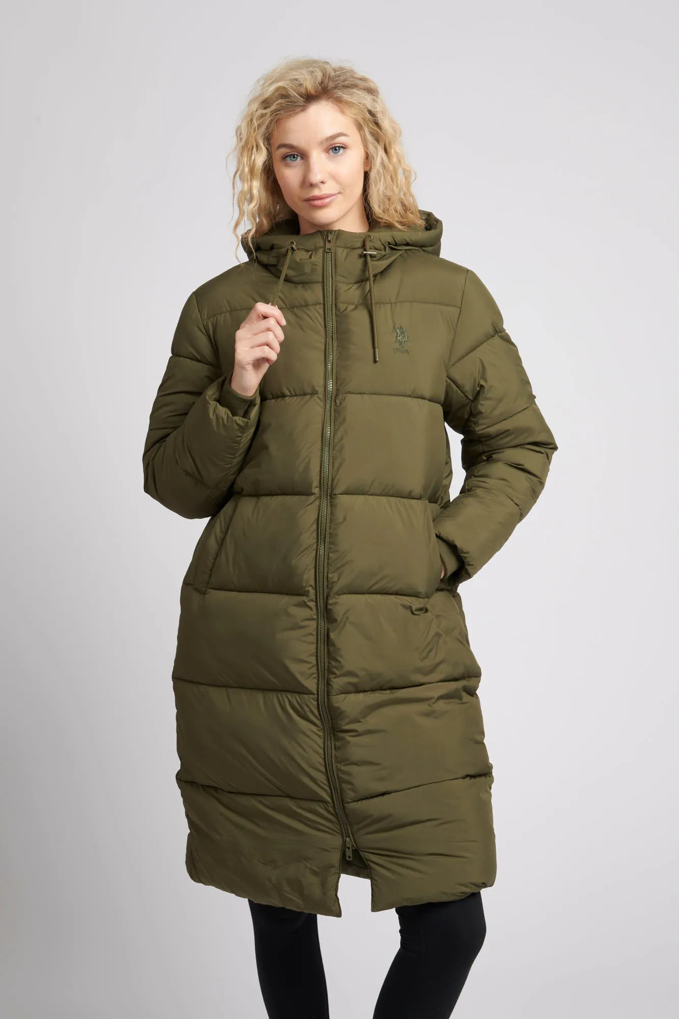 Womens Long Line Puffer Coat in Olive Night