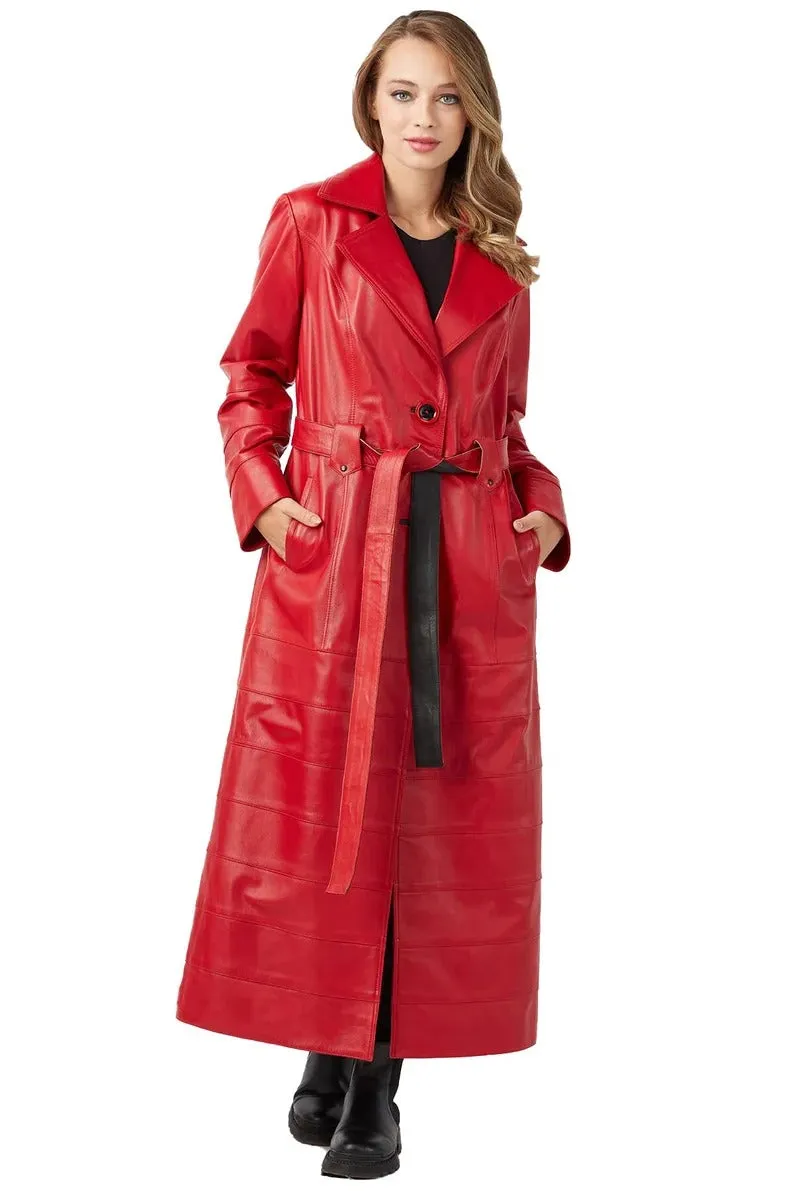 Women's Red Leather Double Breasted Trench Coat