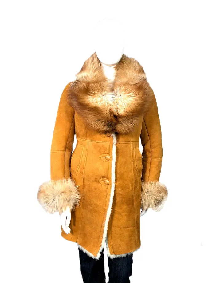 Women's Single-Breasted Sheepskin Trench Coat With Fox Fur Collar #1005