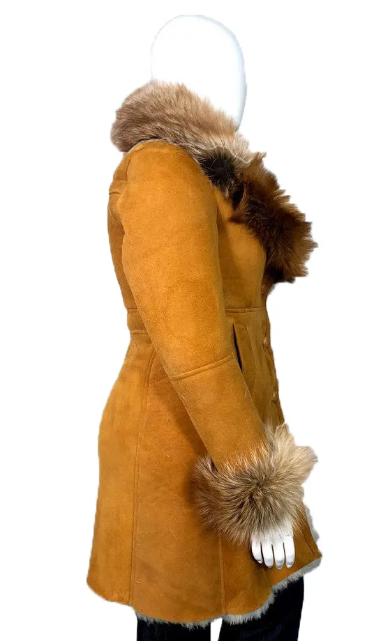 Women's Single-Breasted Sheepskin Trench Coat With Fox Fur Collar #1005