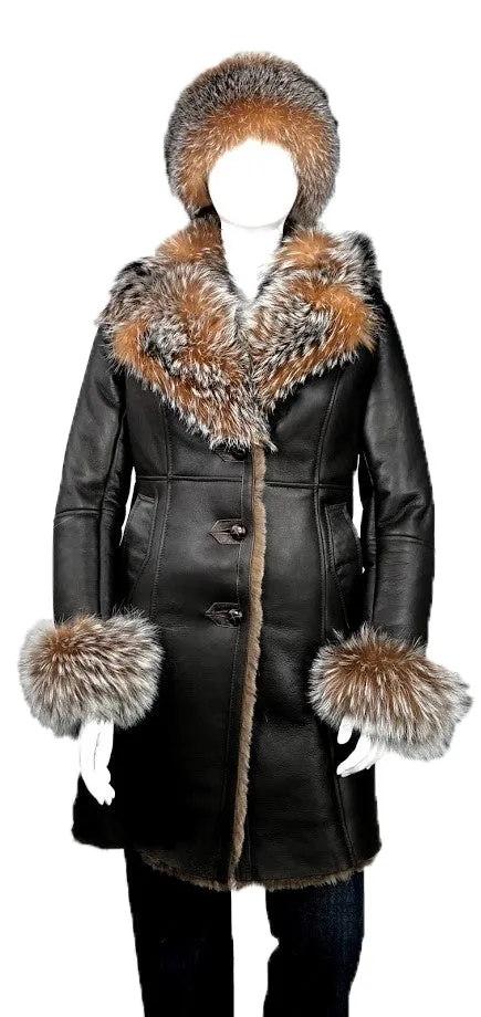 Women's Single-Breasted Sheepskin Trench Coat With Fox Fur Collar #1005