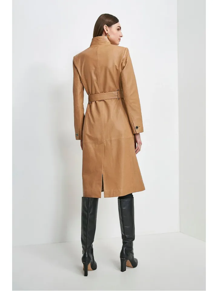 Women’s Tan Beige Sheepskin Leather Trench Coat With Belt