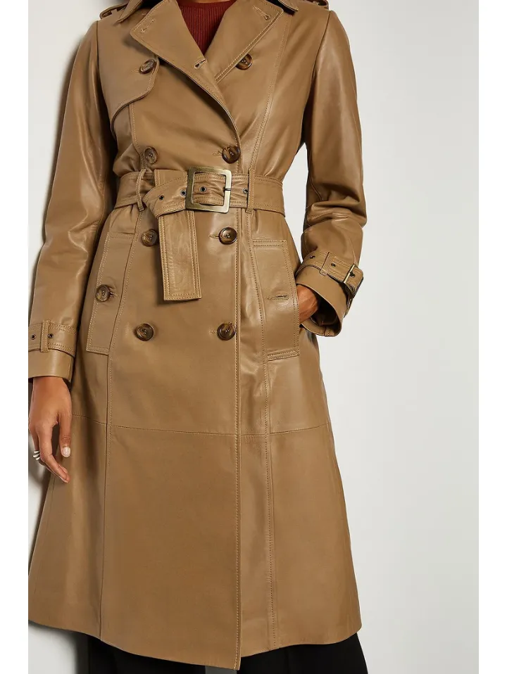 Women’s Tan Beige Sheepskin Leather Trench Coat