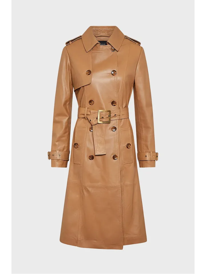 Women’s Tan Beige Sheepskin Leather Trench Coat