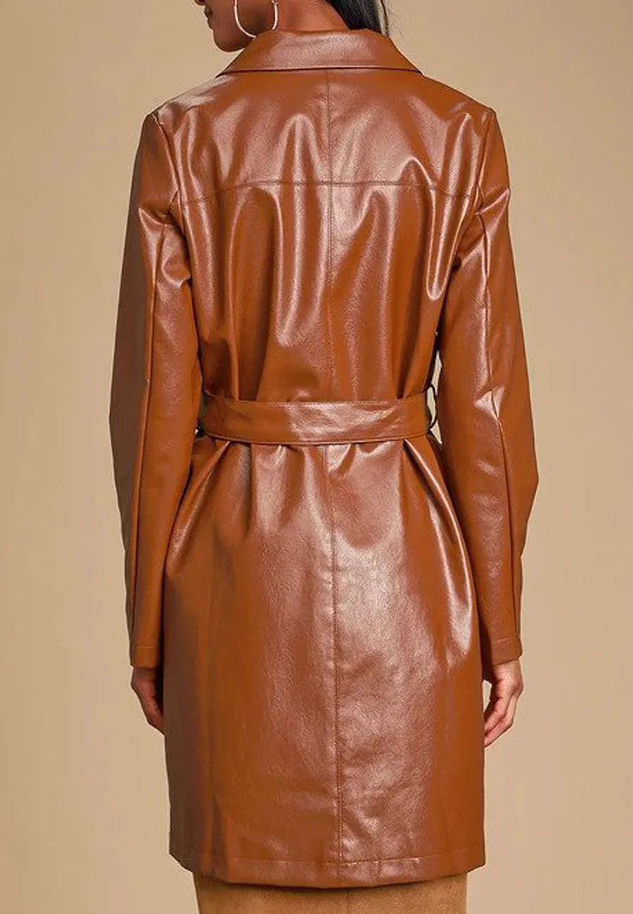 Women's Tan Brown Leather Trench Coat