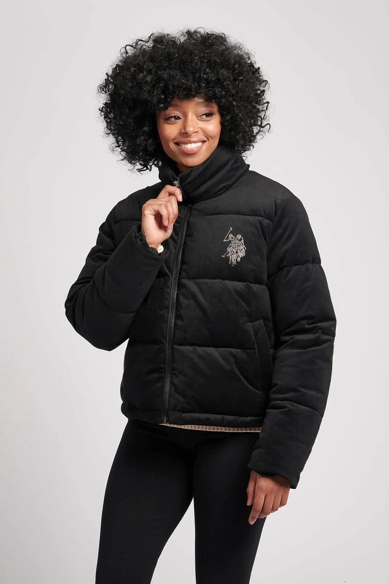 Womens Velour Diamante Puffer Jacket in Black