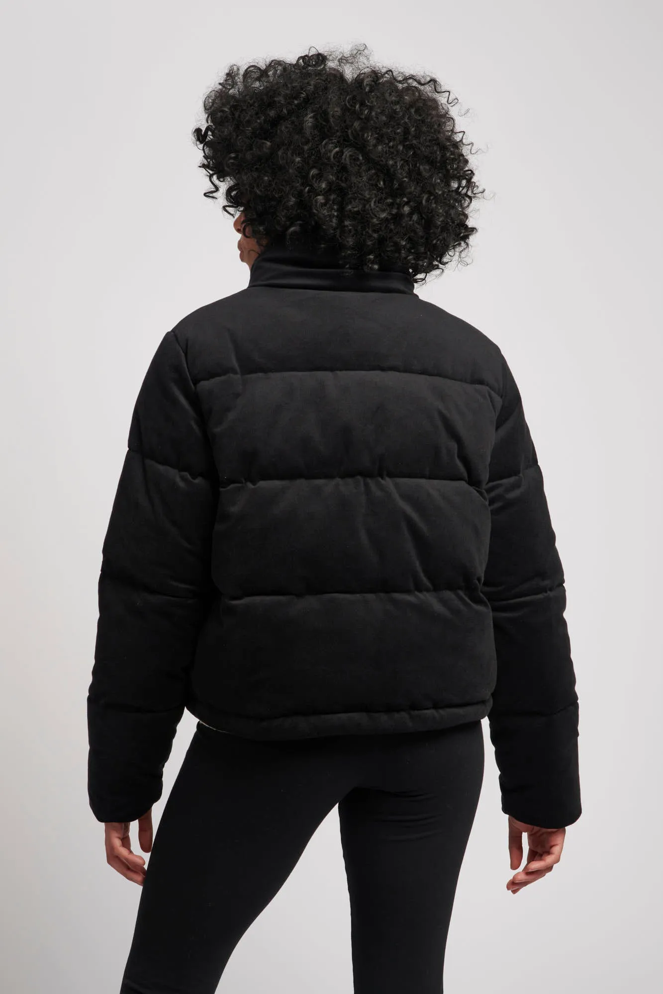 Womens Velour Diamante Puffer Jacket in Black