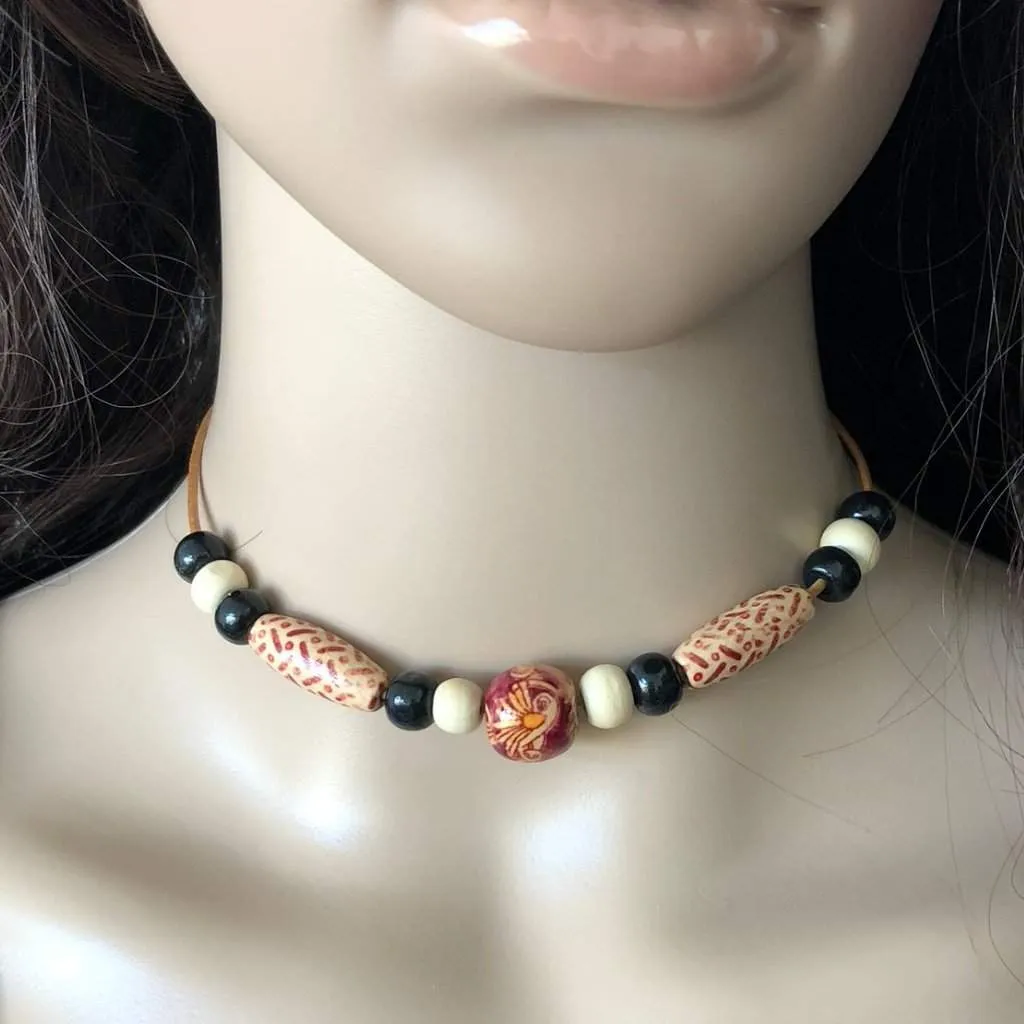 Wood Black, Beige, and Magenta Beaded Choker