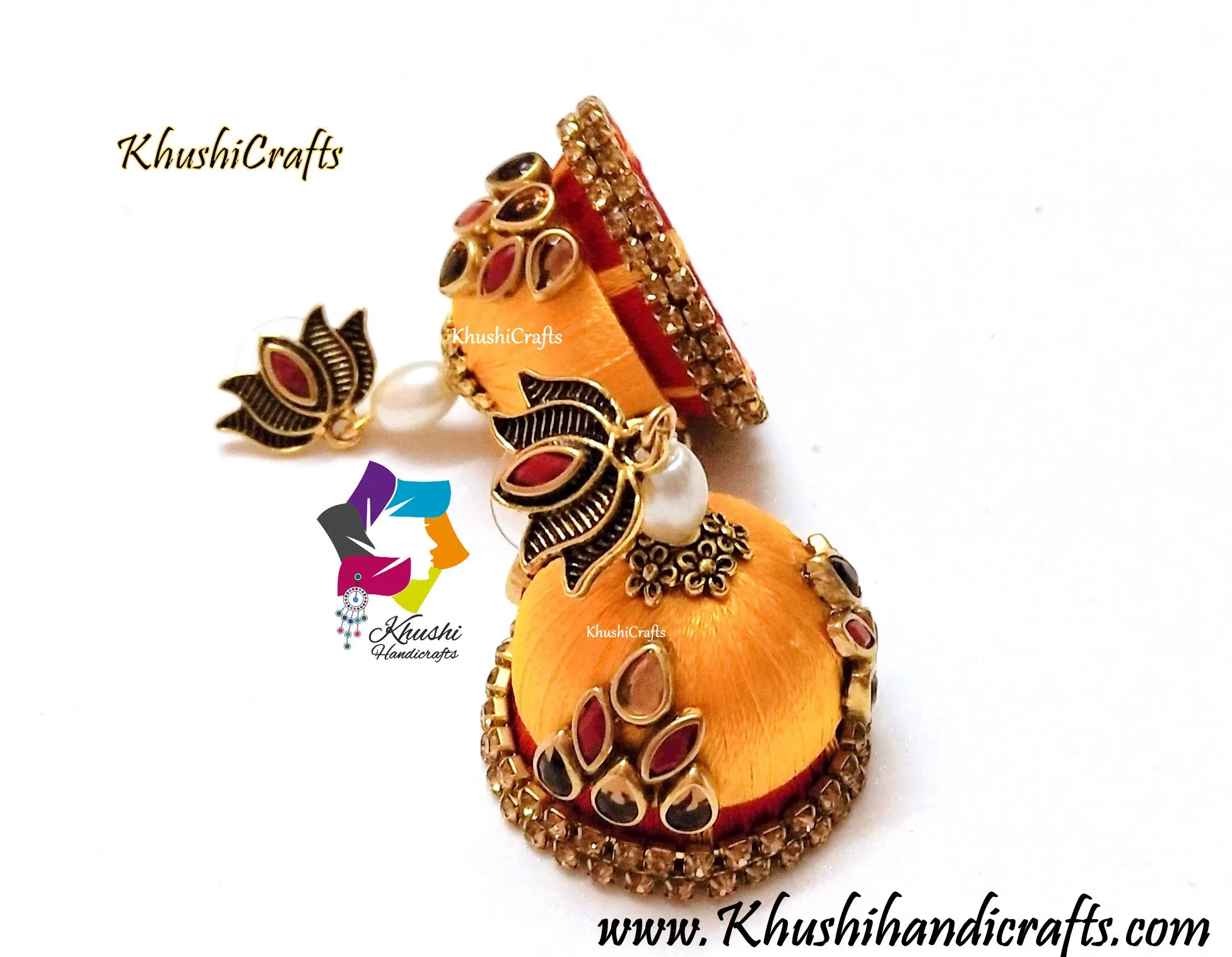 Yellow Red Silk thread Kundan Jhumkas with Lotus stud