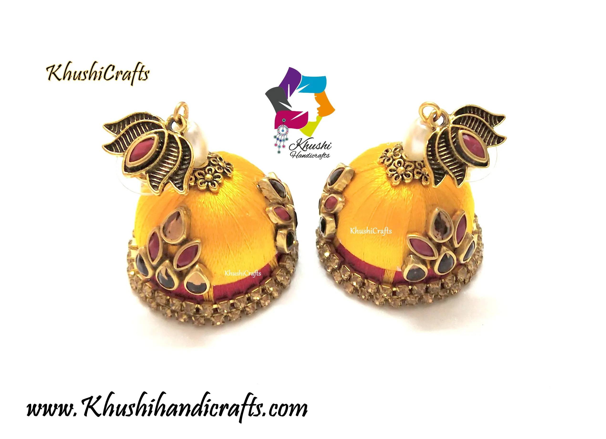 Yellow Red Silk thread Kundan Jhumkas with Lotus stud