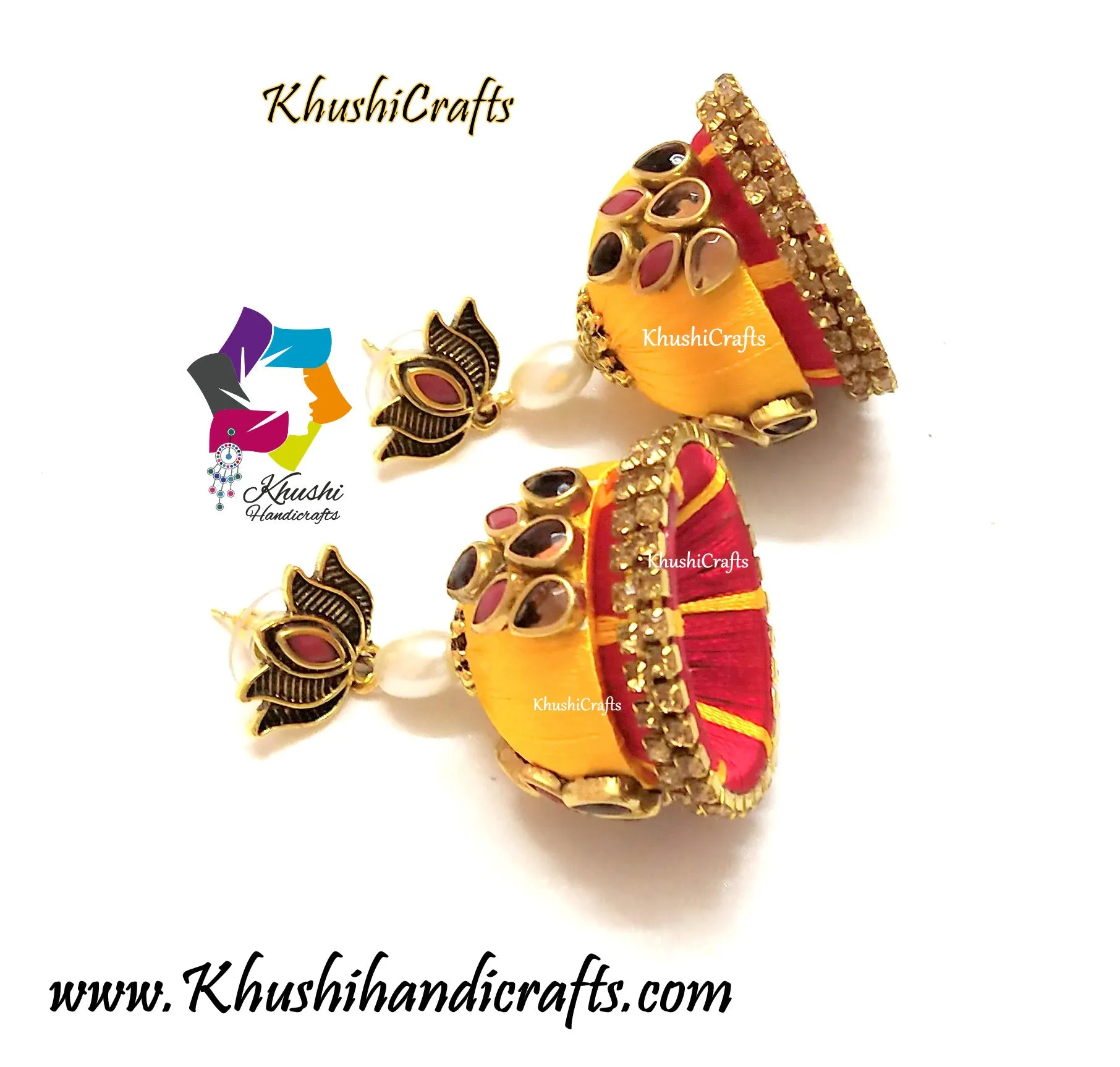 Yellow Red Silk thread Kundan Jhumkas with Lotus stud