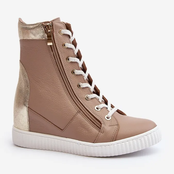 Zazoo 3081 Women's Leather Wedge Sneakers, Beige