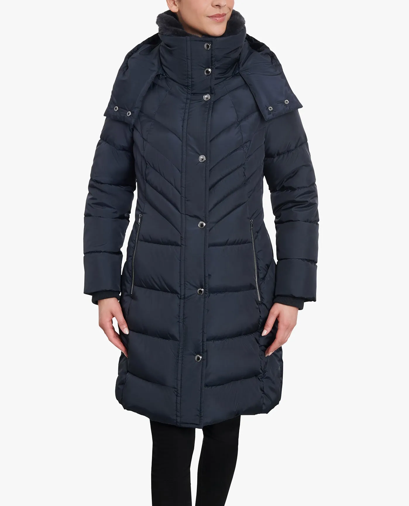 ZIP-FRONT HOODED HEAVY WEIGHT PUFFER JACKET WITH BUTTON-OFF FUR COLLAR