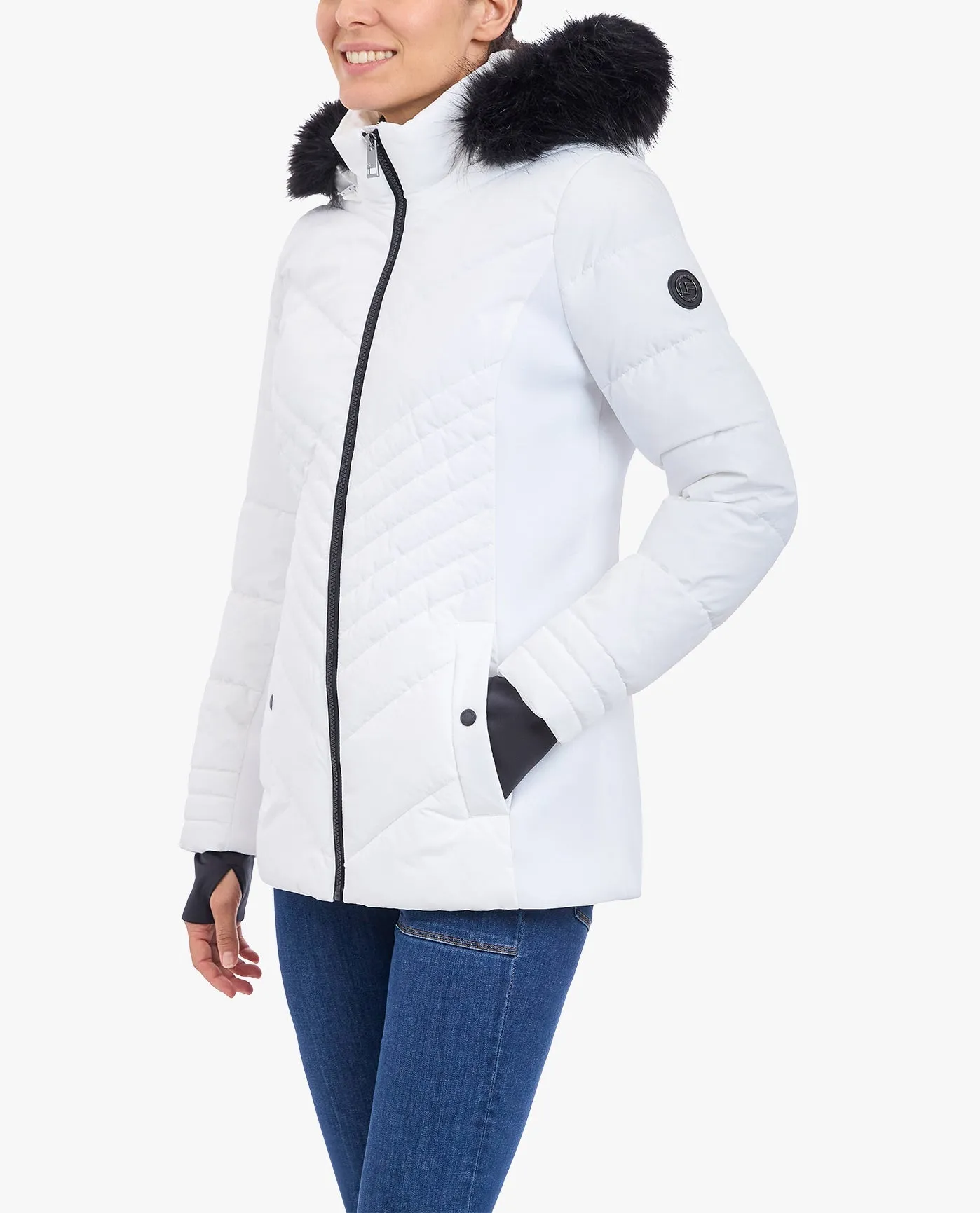 ZIP-FRONT PUFFER JACKET WITH REMOVABLE FAUX FUR TRIMMED HOOD