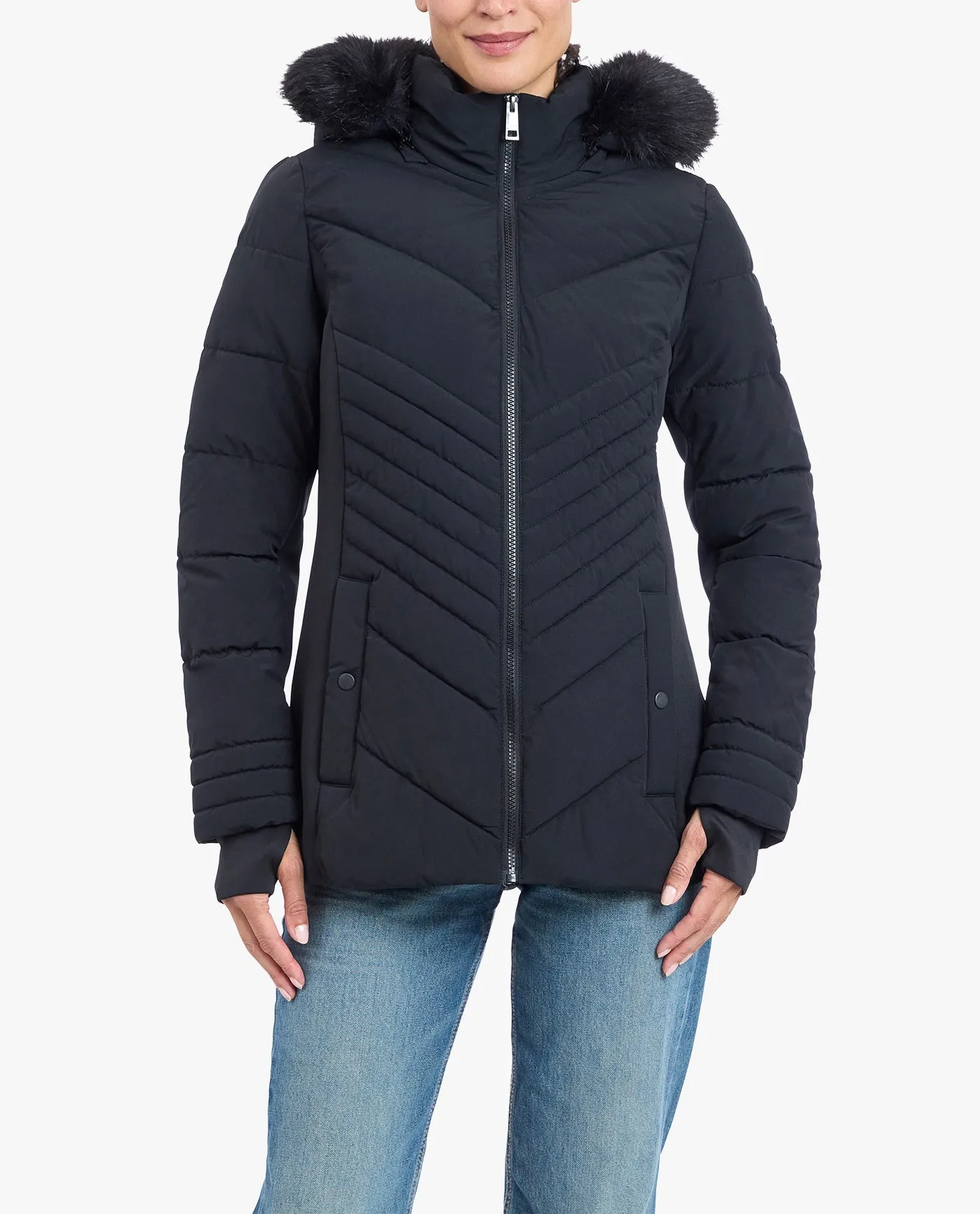 ZIP-FRONT PUFFER JACKET WITH REMOVABLE FAUX FUR TRIMMED HOOD